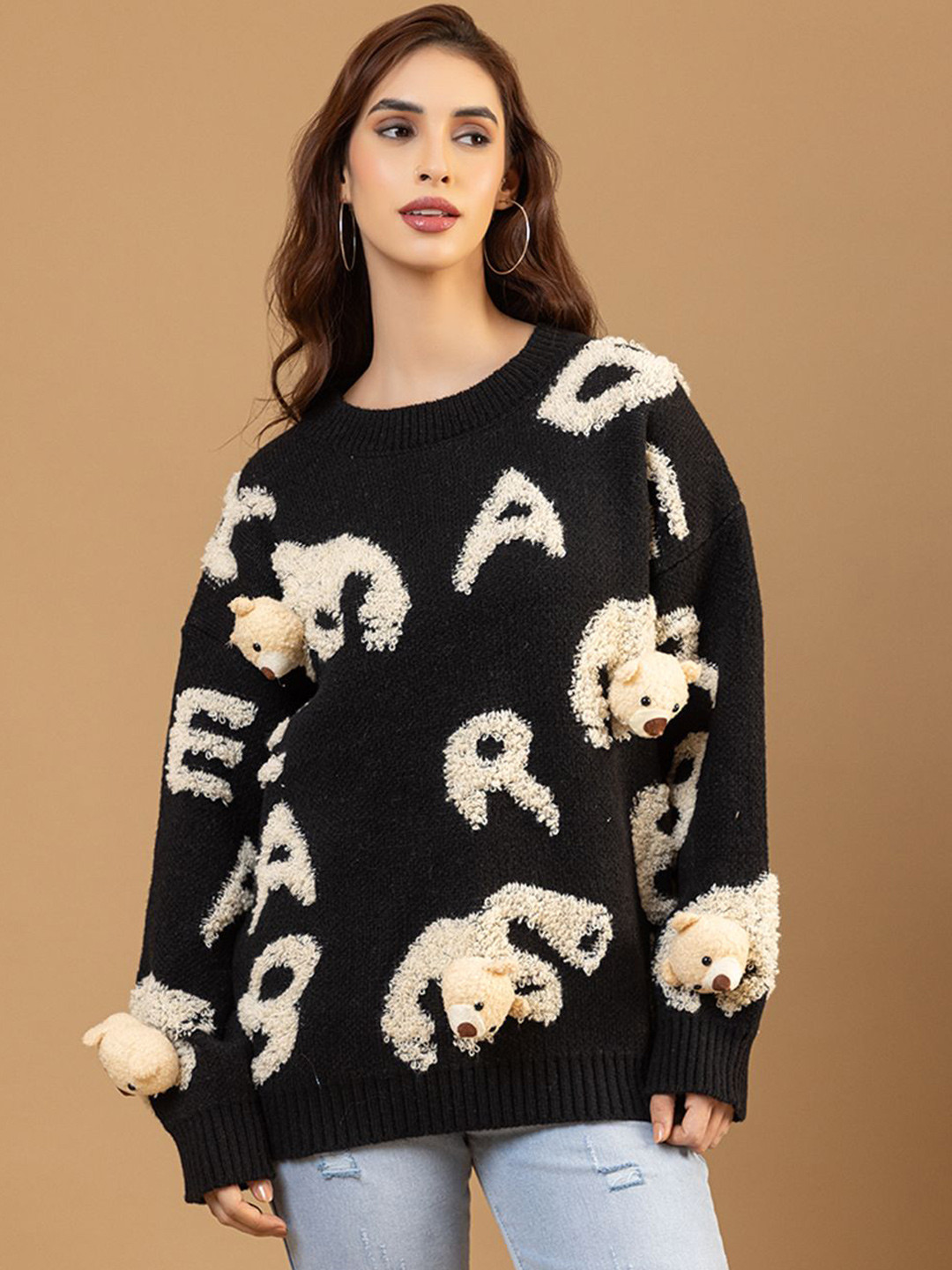 GFO Black Teddy Bear Embellished Sweater Women Typography Woollen Pullover Sweaters