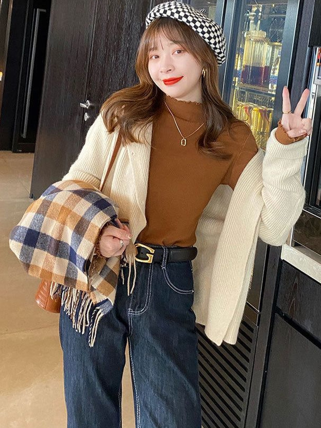 Outzidr Brown Ribbed High Neck Long Sleeves Ruffles Top