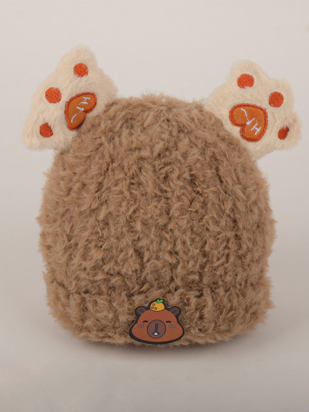 DukieKooky Kids Brown Fuzzy Bear Design Embroidered Woollen Beanie