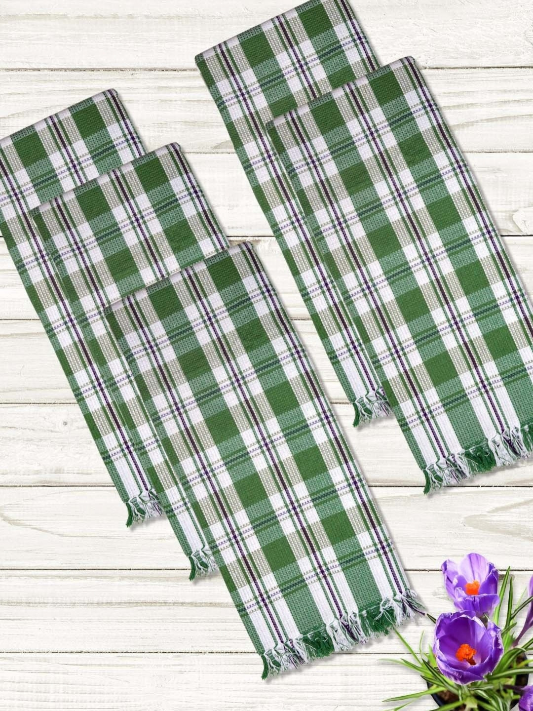 Athom Living Green & White 5 Pieces Checkered Printed Cotton 210 GSM Thin Bath Towels