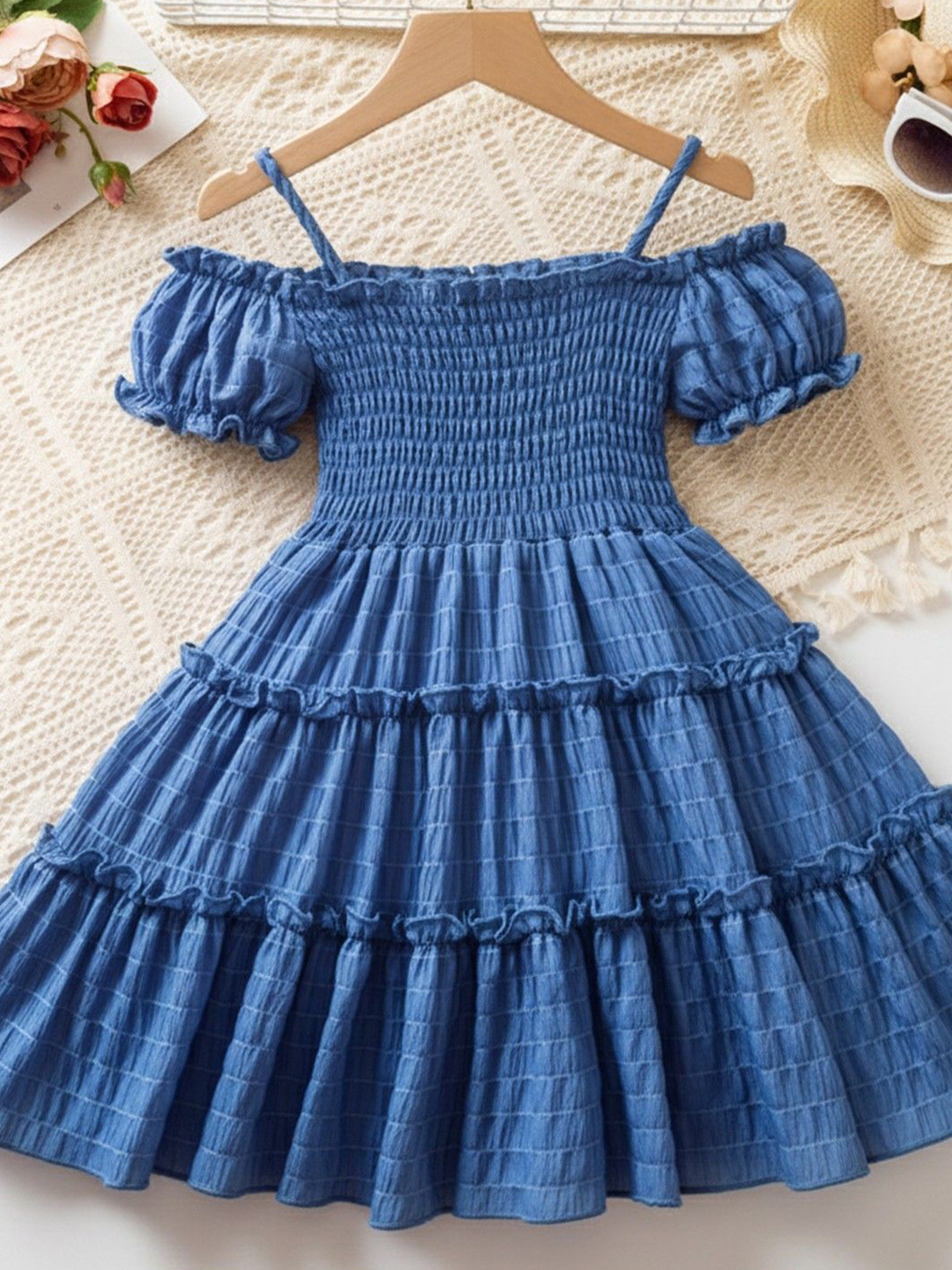 YK Cold-Shoulder Smocked Fit & Flare Maxi Dress