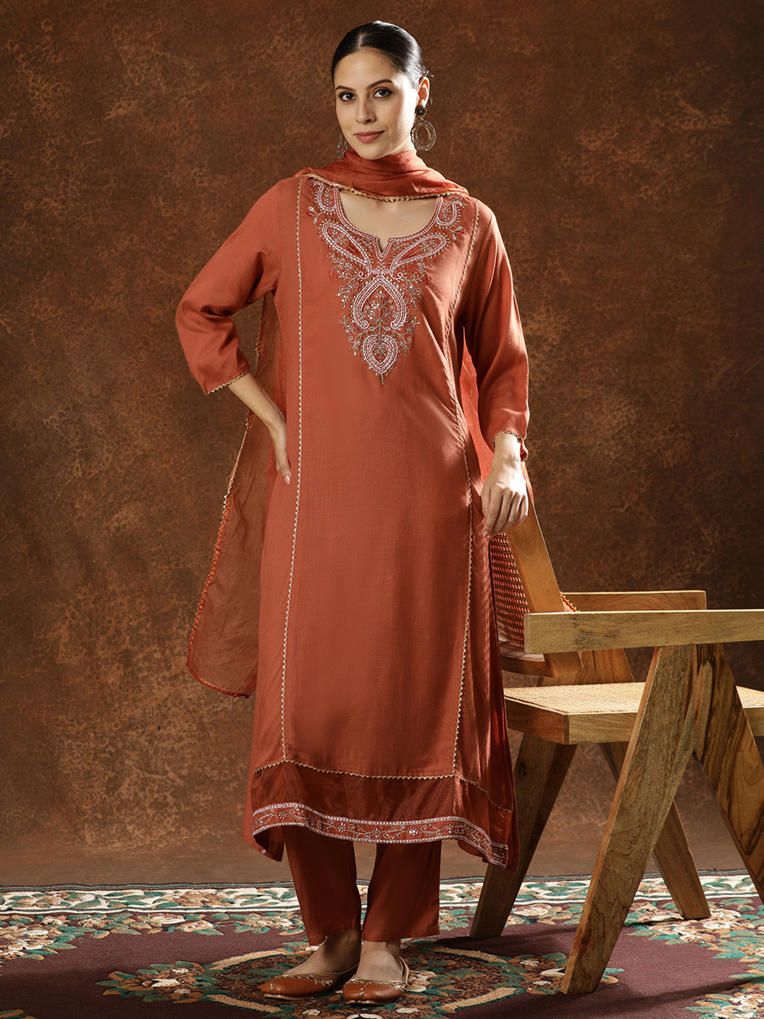 Anouk Brown Floral Embroidered Thread Work Straight Kurta With Trousers & Dupatta
