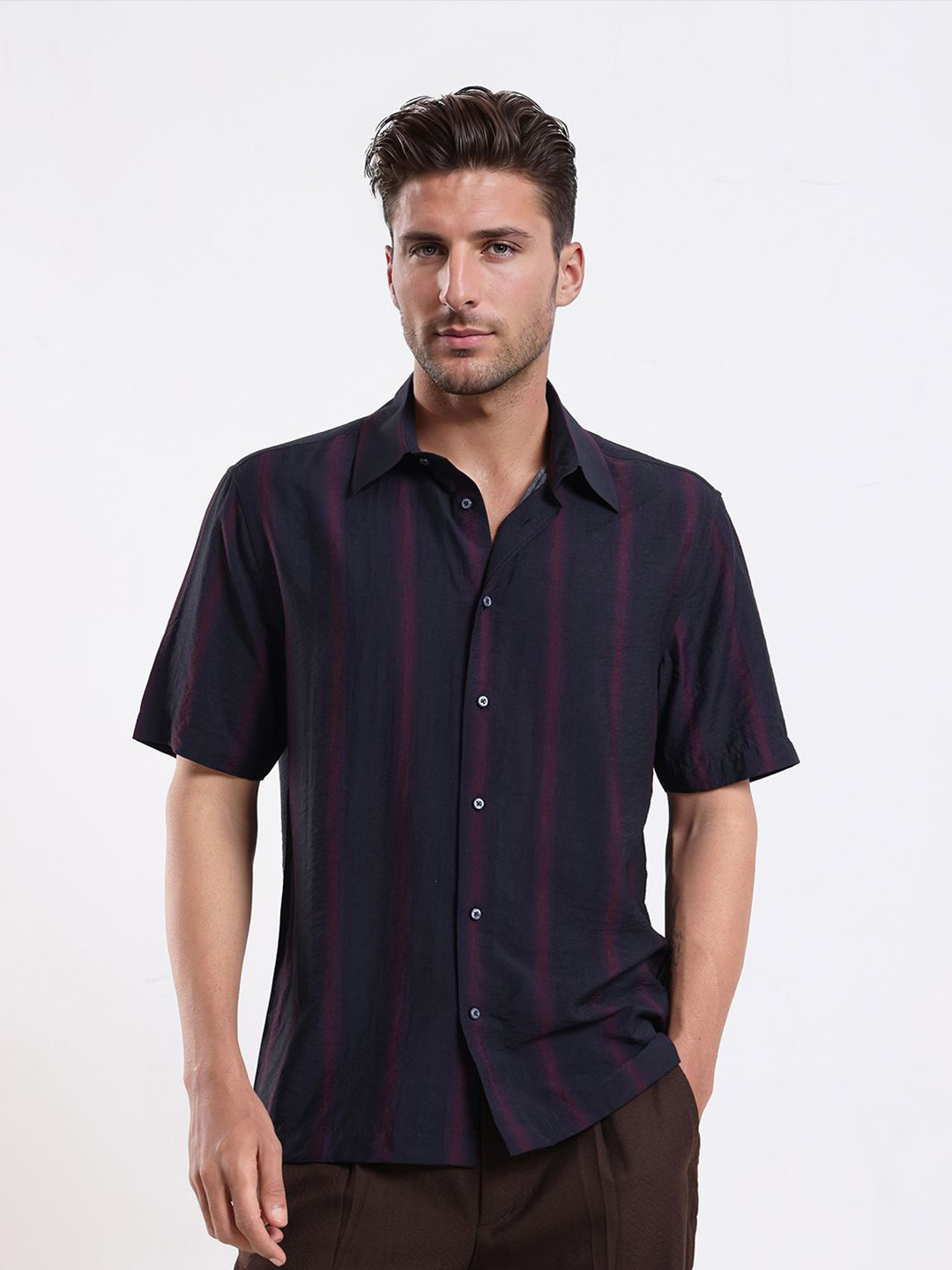 RARE RABBIT Men Premium Fit Vertical Striped Spread Collar BLEN Casual Shirt