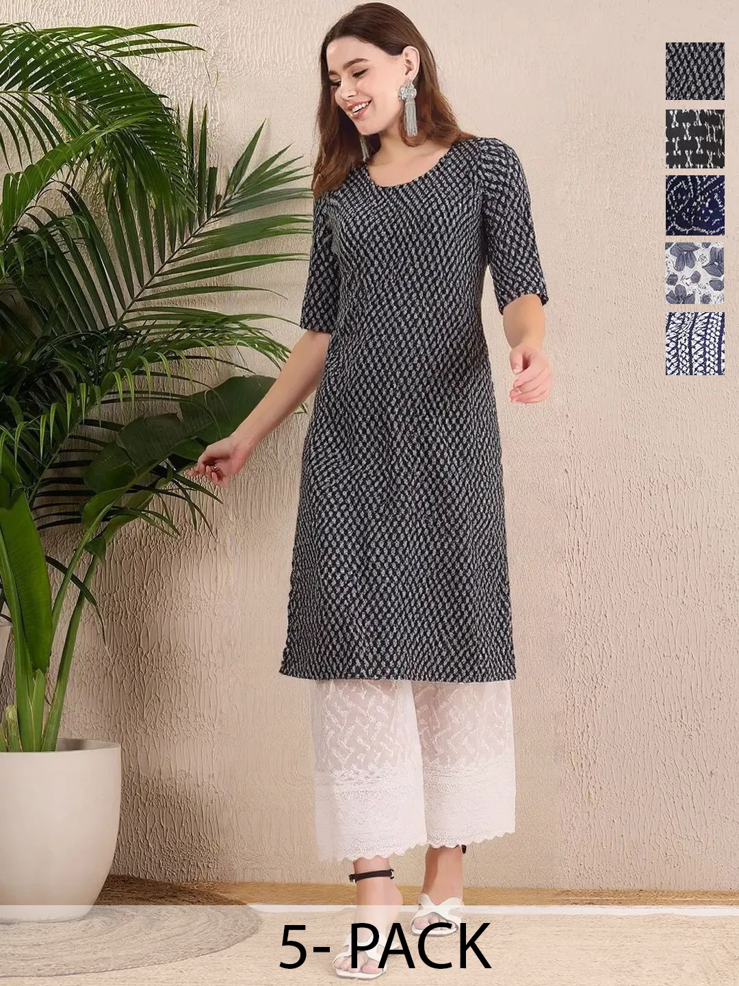 Ethnic basket Set Of 5 Geometric Printed Round Neck A-Line Kurtas