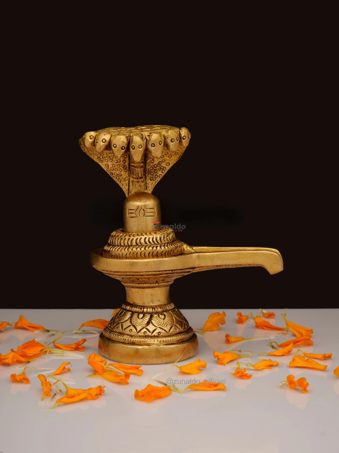 Zunaldo Brass Shivling With Cobra & Carved Base Showpieces