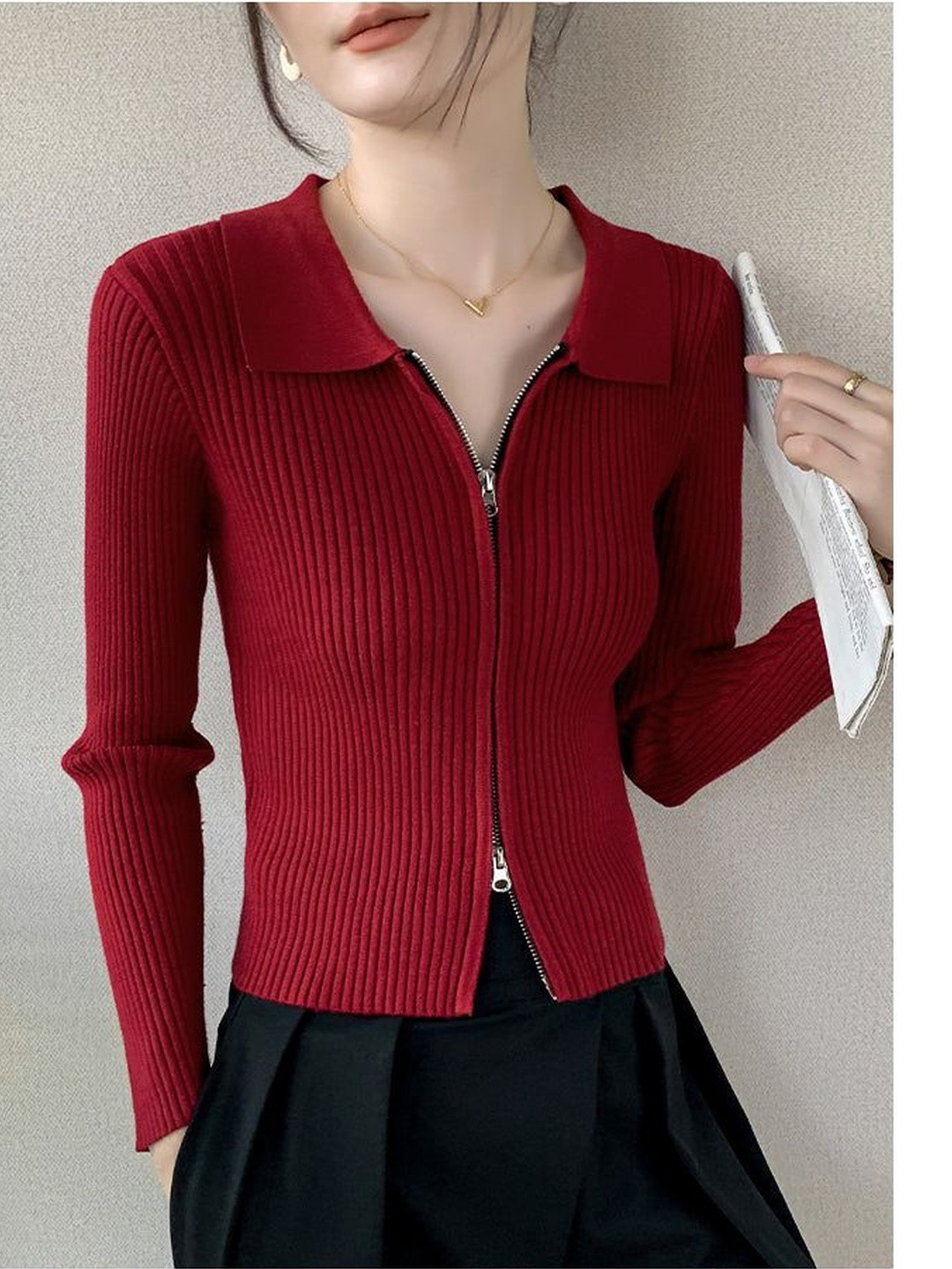 Outzidr Women Red Ribbed Shirt Collar Zip Top