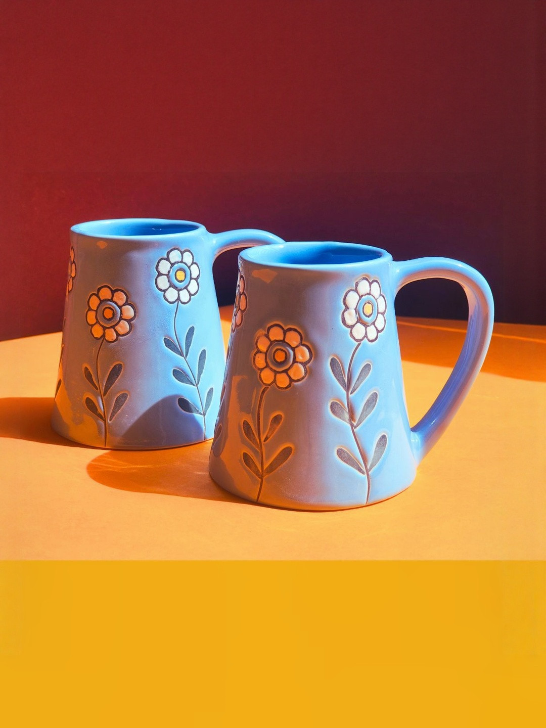 TheYUGO White And Blue 2 Pieces Printed Ceramic Glossy Mugs