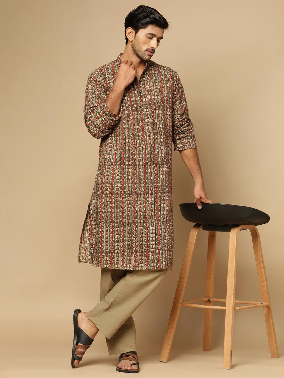 Fabindia Men Cotton Kalamkari Printed Long Straight Kurta