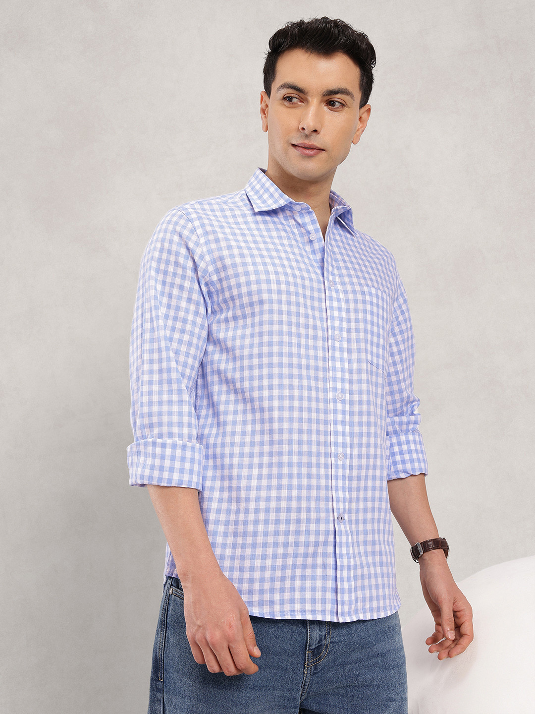 Nautica Cotton Linen Gingham Checked Slim Fit Casual Shirt