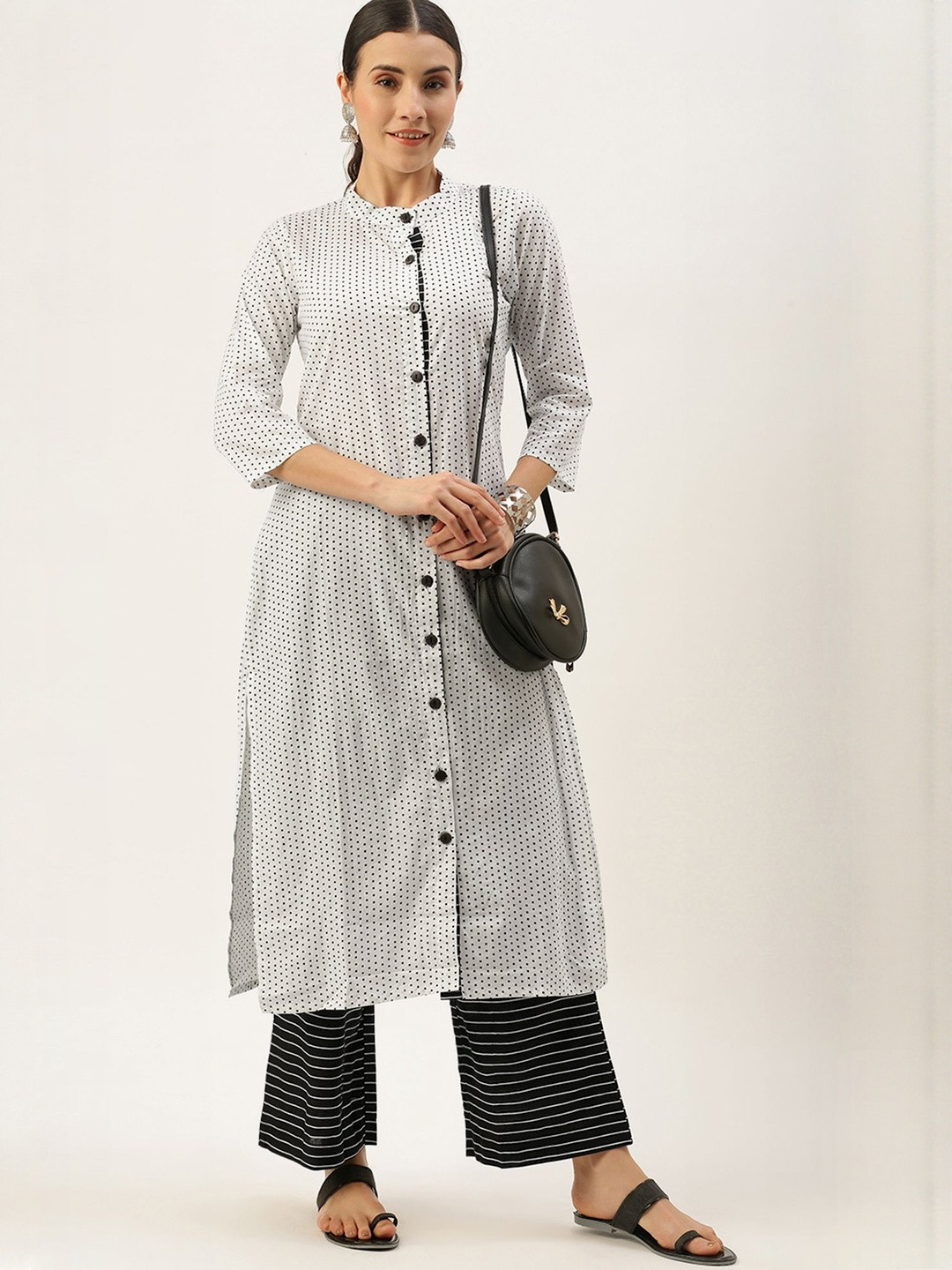 KALINI Polka Dots Printed Band Collar Pure Cotton Kurta With Palazzos