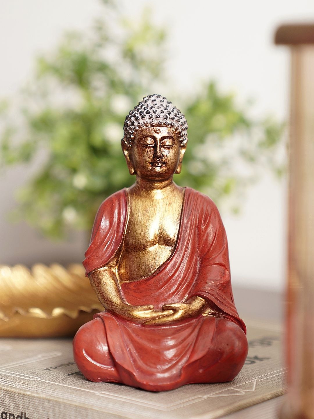 Pure Home and Living Gold-Toned & Red Antique Sitting Buddha Idol Showpiece