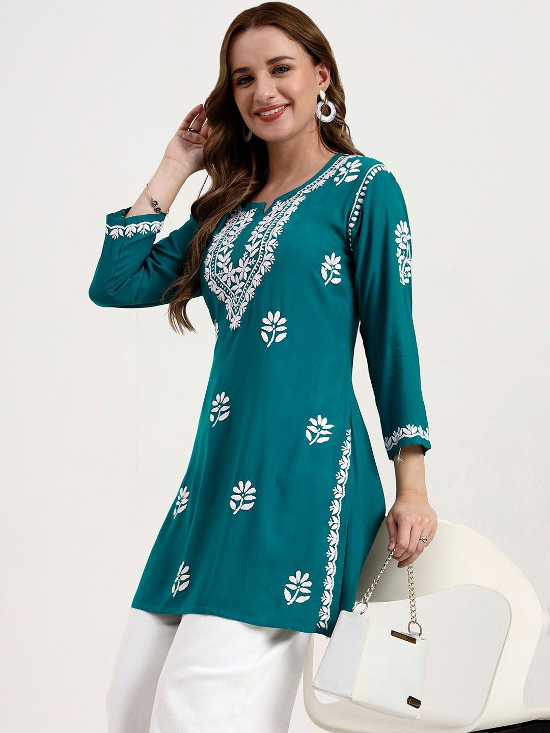 The Chikan Label Teal Green Ragavi Rayon Chikankari Short Kurti