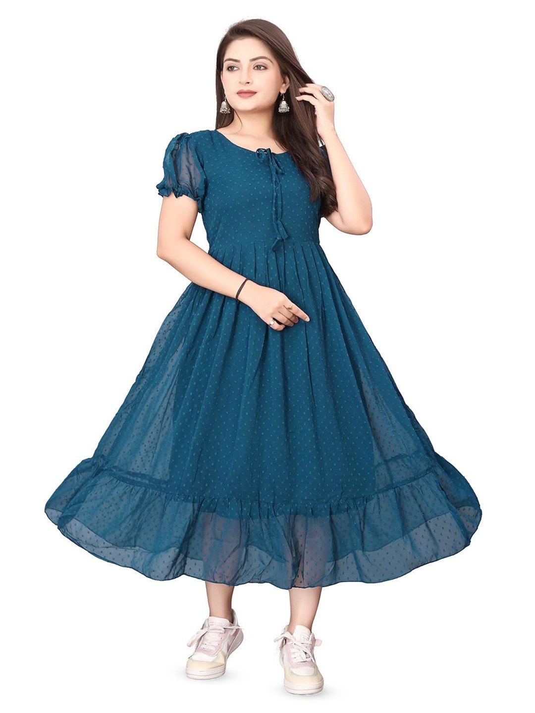 Sash Women Tie-Up Neck Puff Sleeve Ruffled Georgette Fit & Flare Dress