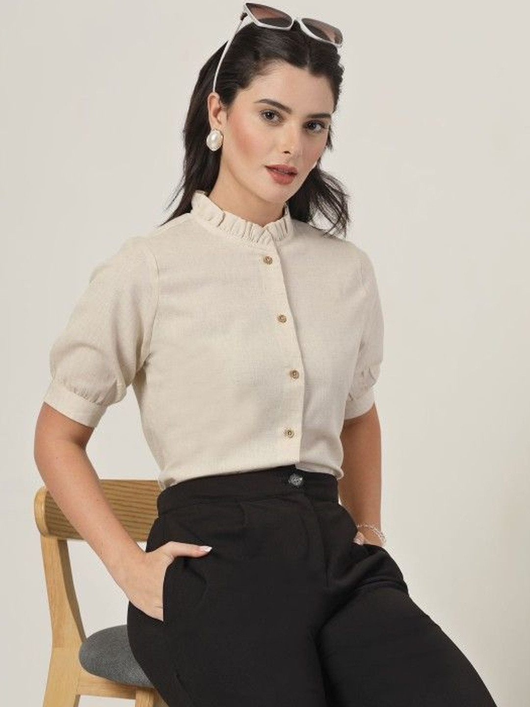 Style Quotient High Neck Puff Sleeves Ruffles Cotton Crepe Shirt Style Top