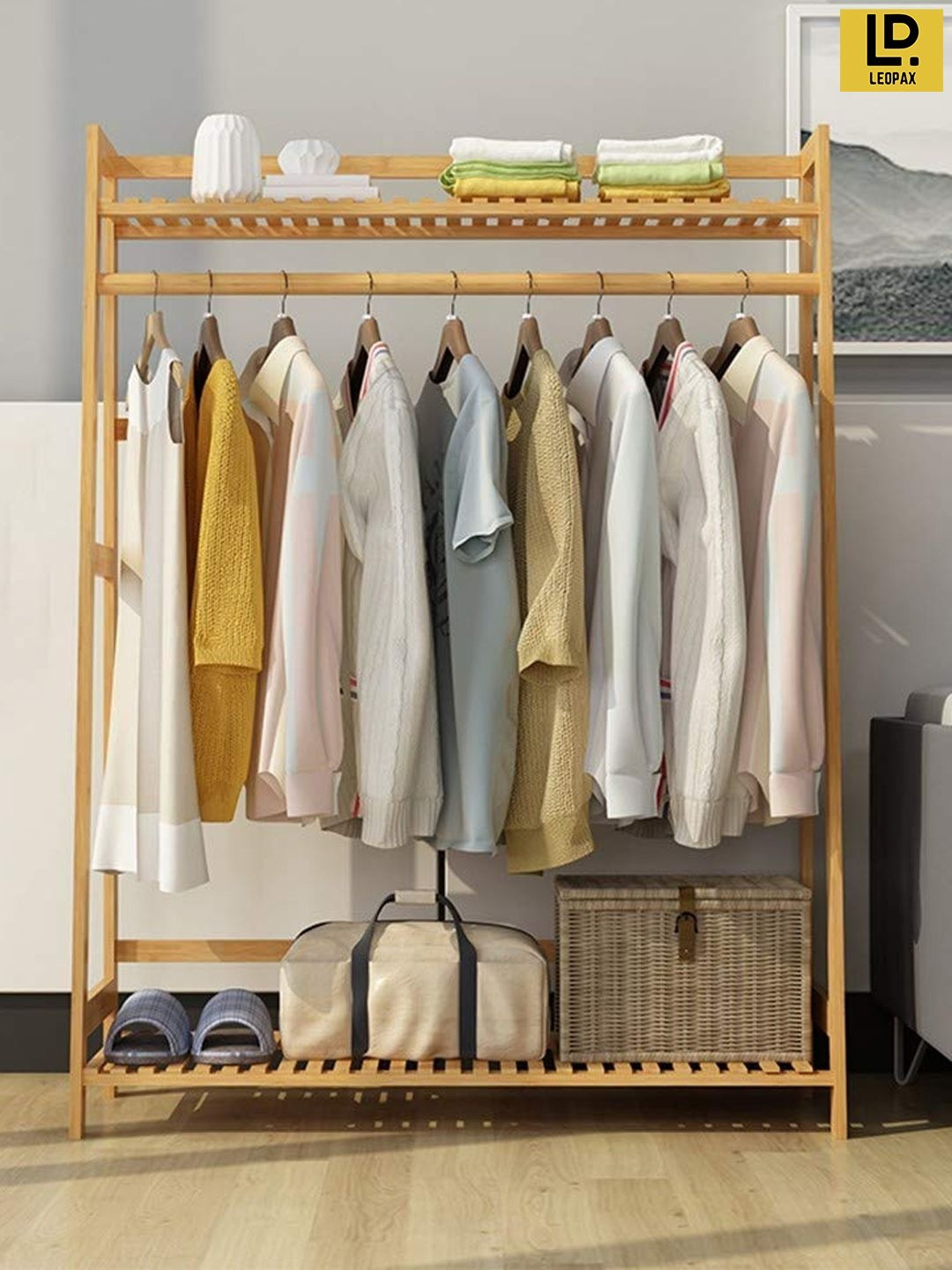 LEOPAX Beige Super Strong Bamboo Clothes Rack Stand