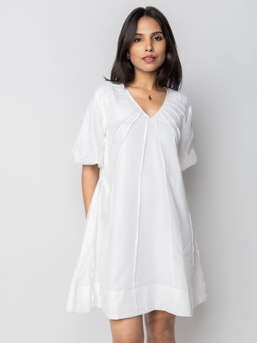 PRET PITAARA Women Solid V-Neck Cotton A-Line Dress