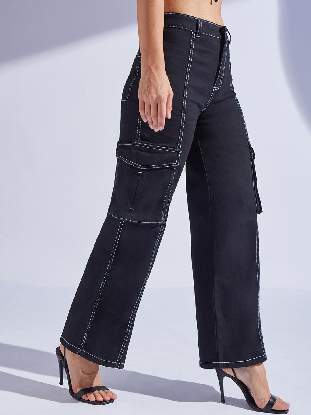 Miss Chase Women Wide-Leg High-Rise Regular-Length Stretchable Patch-Pocketed Denim Jeans