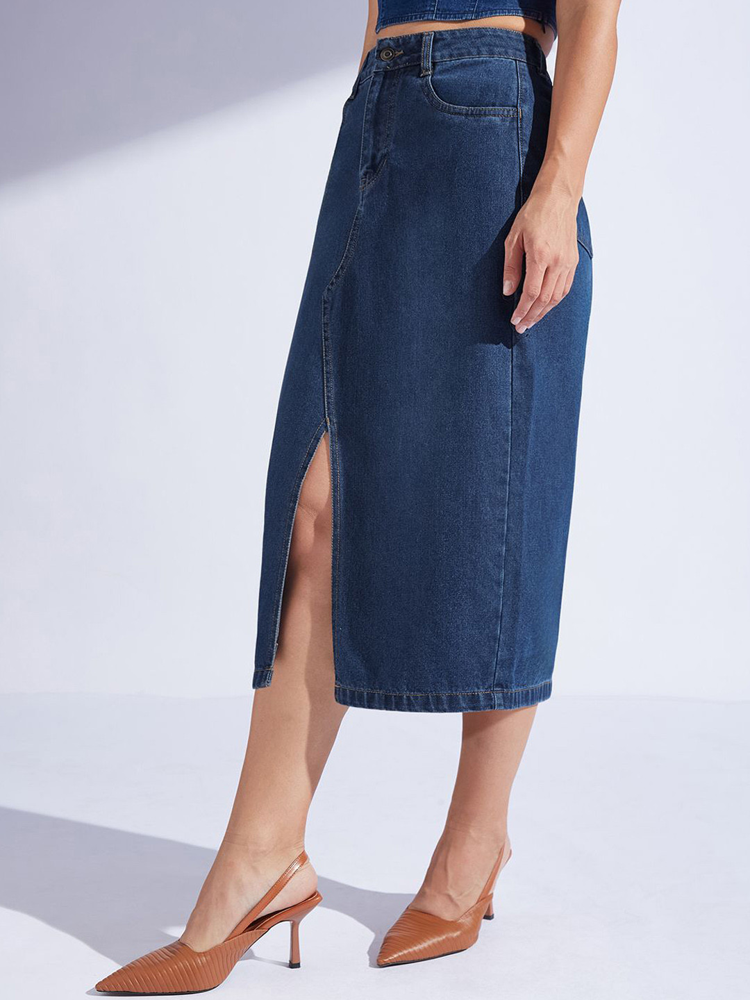 Women's A-Line High-Rise Clean-Look Non-stretchable Denim Midi Skirt