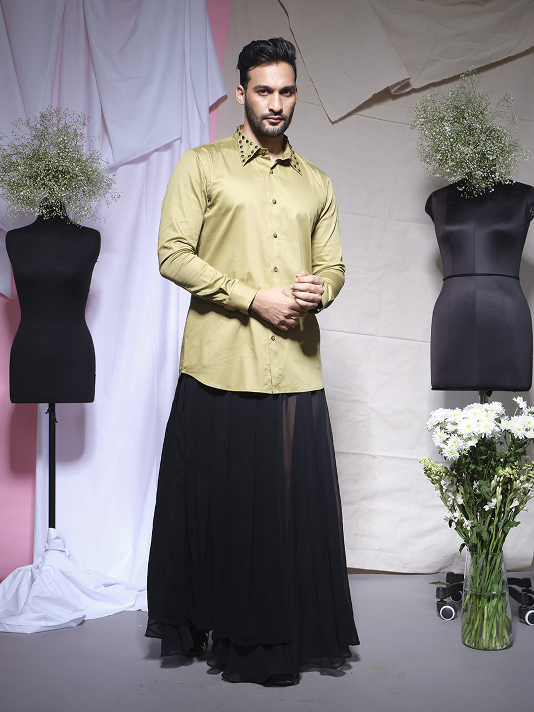 ECHKE Men Standard Fit Solid Spread Collar Cotton Moss Lycra Casual Shirt