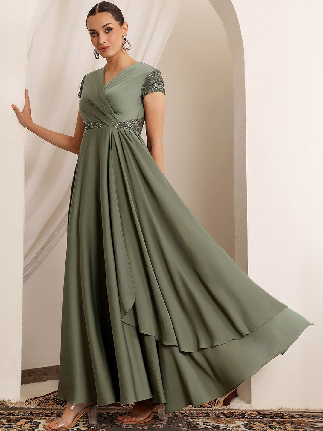 Miss Chase Women's Embellished Gown in Asymmetric Draped Premium Satin