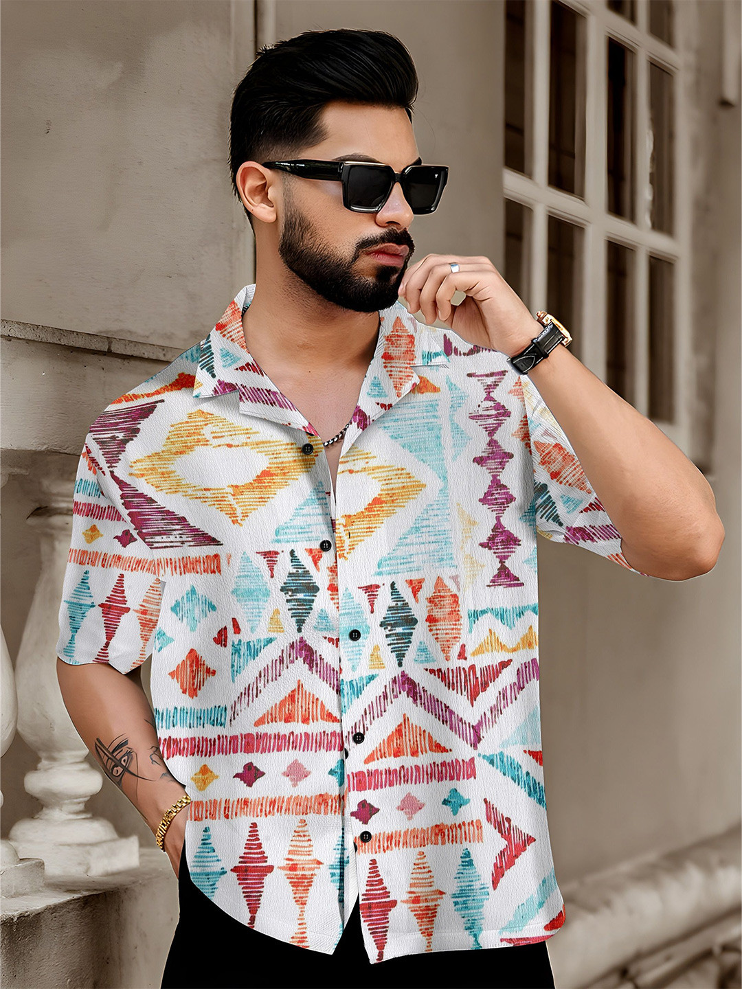 RAHI TRENDZ Men's Regular Fit Geometric Printed Cuban Collar Casual Shirt