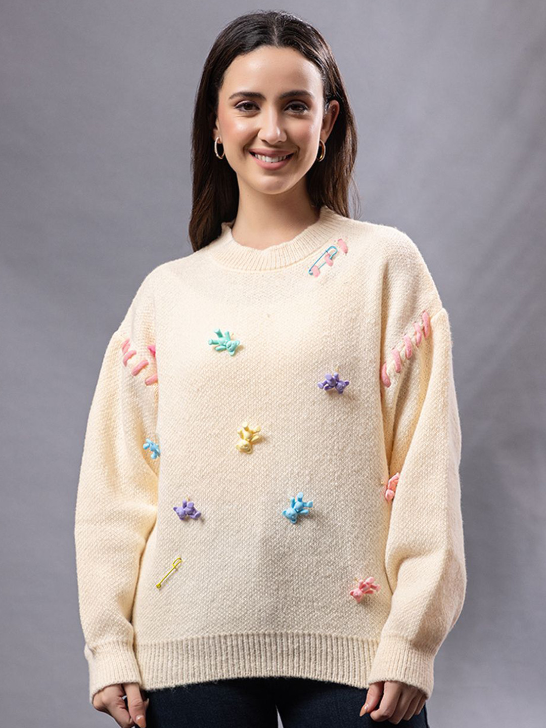GFO Women Embroidered Woollen Pullover Sweater with Colorful Embroidery
