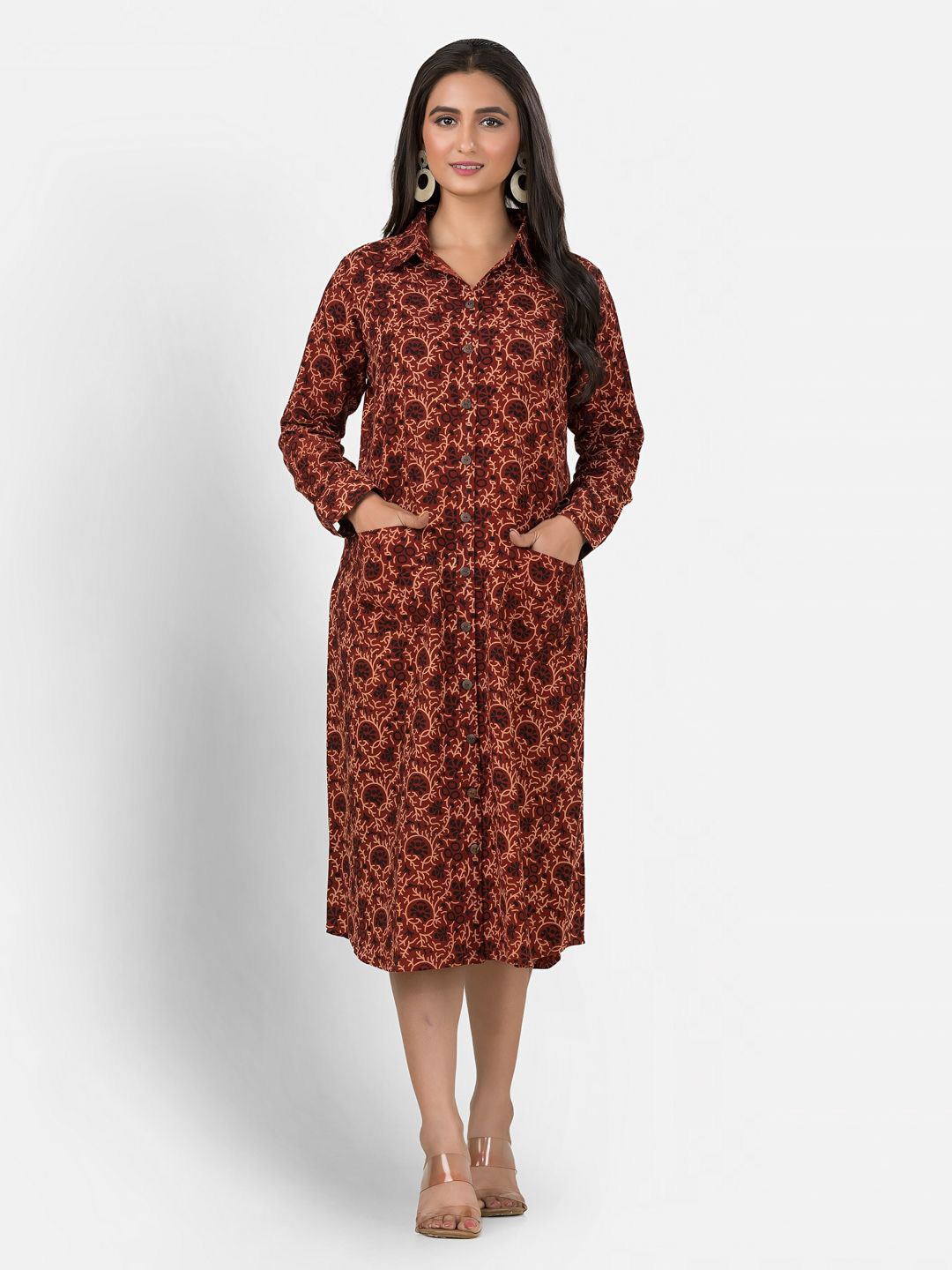 Crazy Needle Women Abstract Printed Long Sleeve Utility Pockets Cotton Shirt Midi Dress
