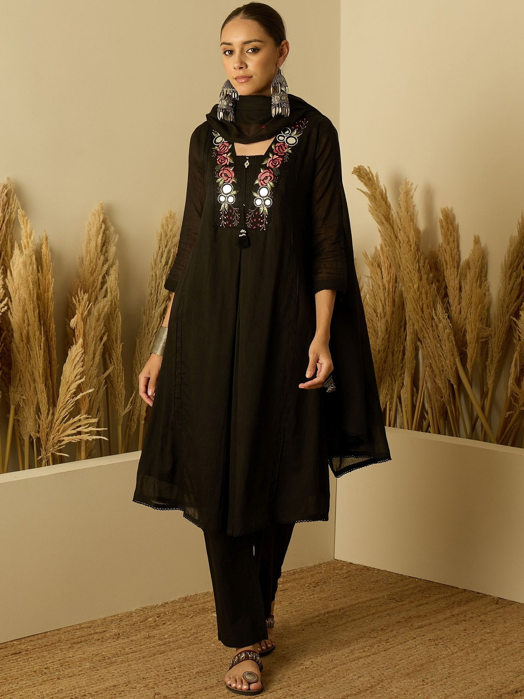 Anouk Floral Yoke Design Square Neck A-Line Pure Cotton Kurta With Trousers & Dupatta