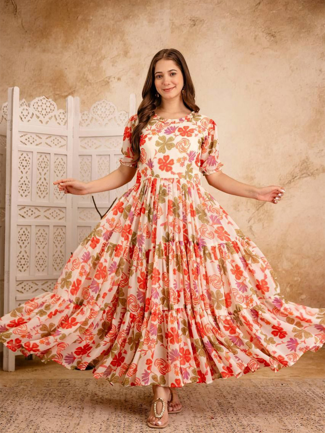 Yara Creation Women Round Neck Floral Print Puff Sleeve Tiered Maxi Dress