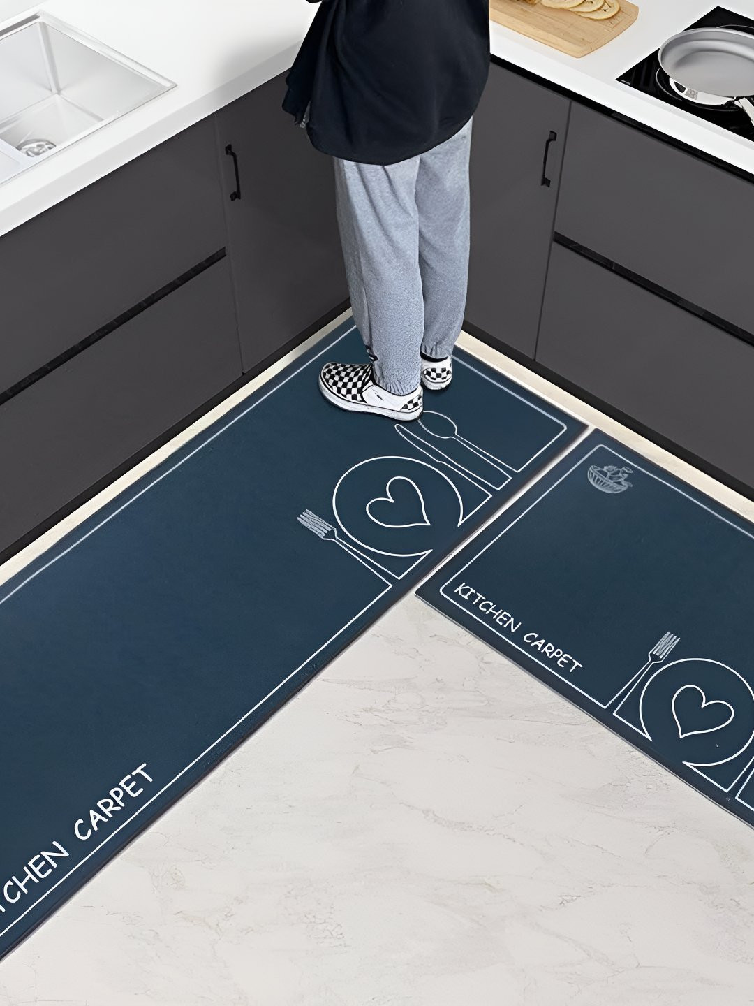 FAVRIA Teal Blue & White 2 Pieces Printed Waterproof Anti-Skid Kitchen Mats