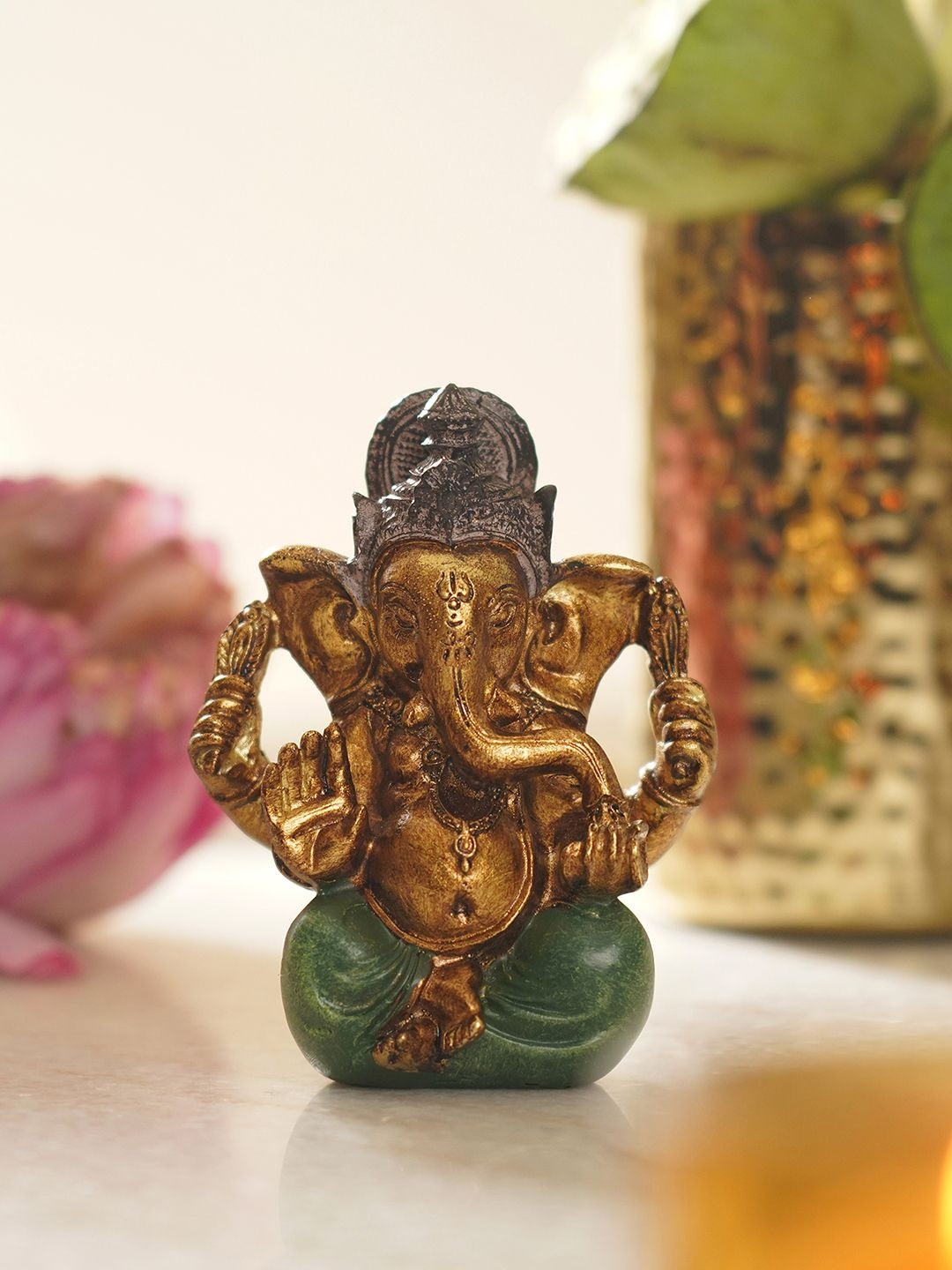 Pure Home and Living Gold-Toned Glossy Ganesha Living Room Tiny Showpiece 3.34 Inches