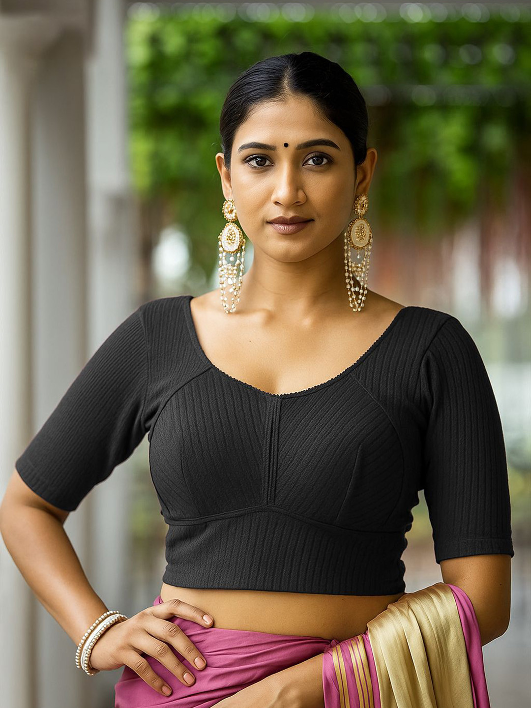 PU FASHION Women Self-Design Round Neck Short Sleeves Lycra Saree Blouse