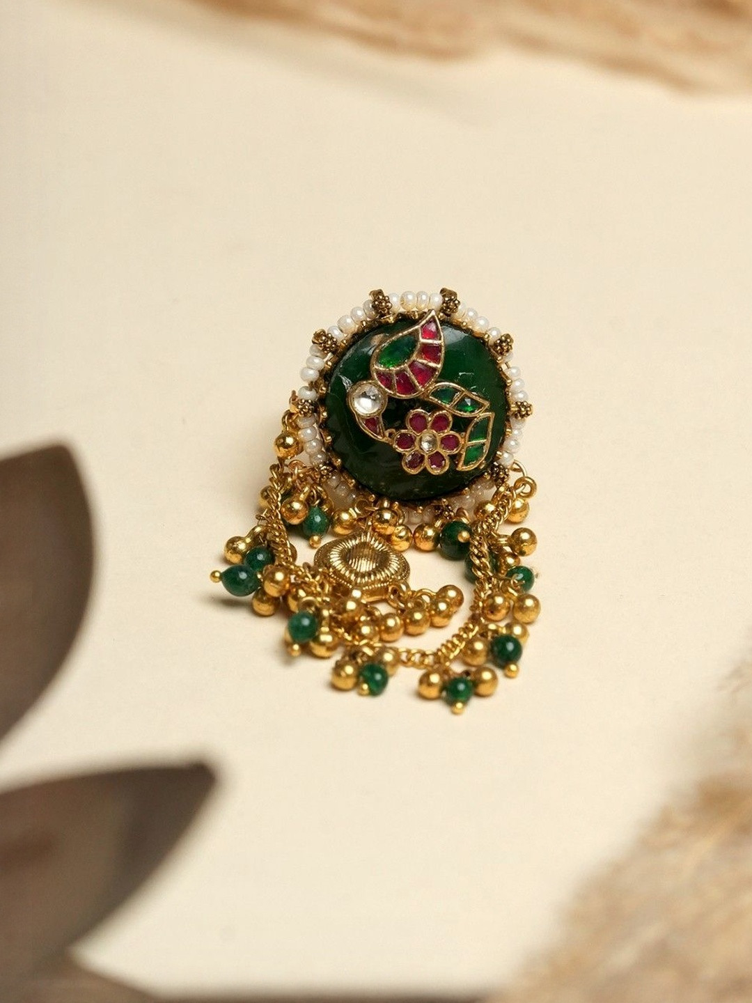 CAO Jewellery Artificial Stone Studded & Beaded Heritage Long Finger Ring With Ghungroo