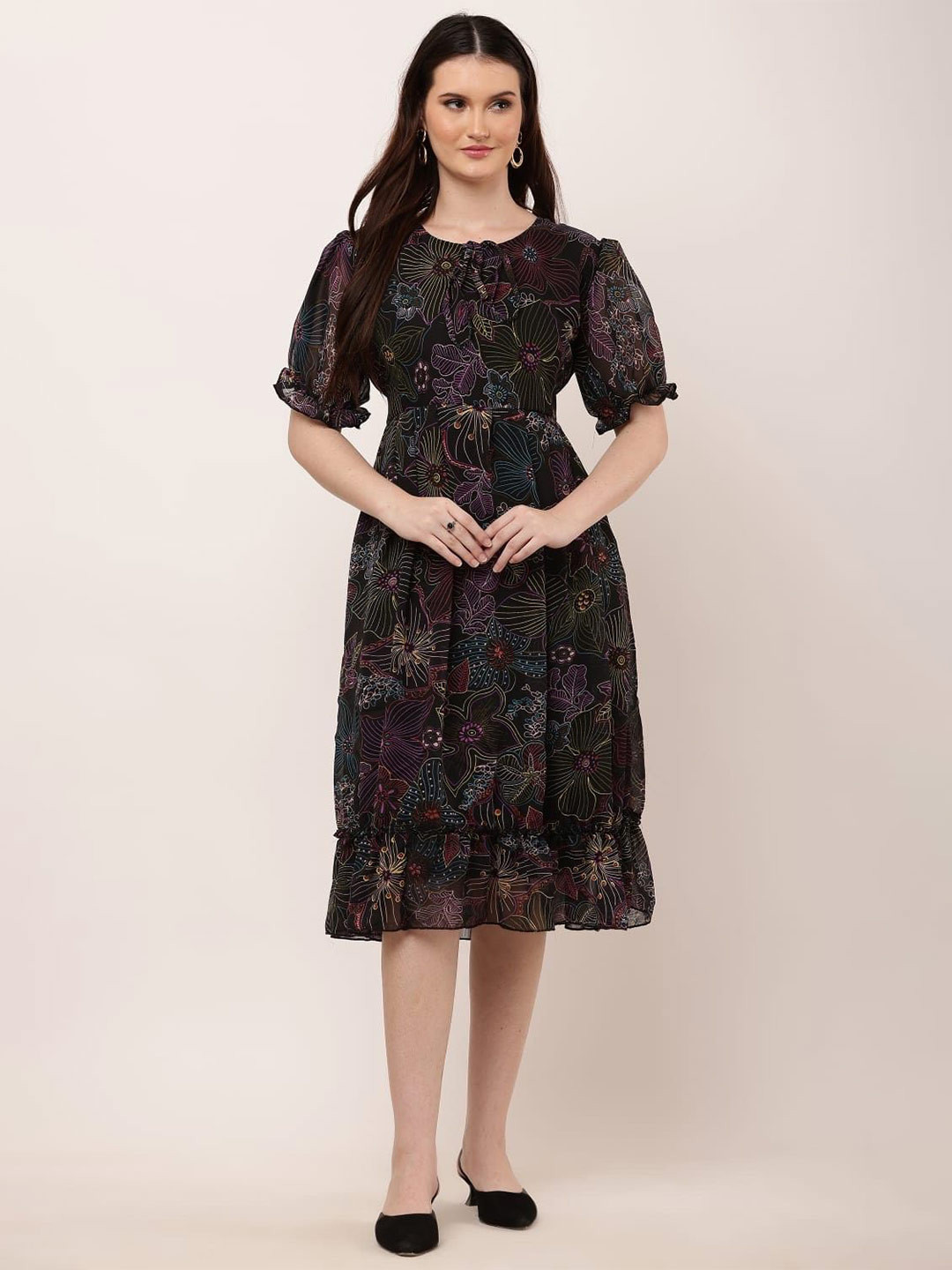 Sash Women Floral Printed Puff Sleeve Ruffled Georgette Midi A-Line Dress