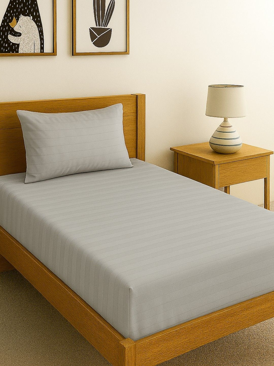 INDHOME LIFE Grey Striped Cotton 240 TC Queen Bedsheet Set- 60 inch x 90 inch