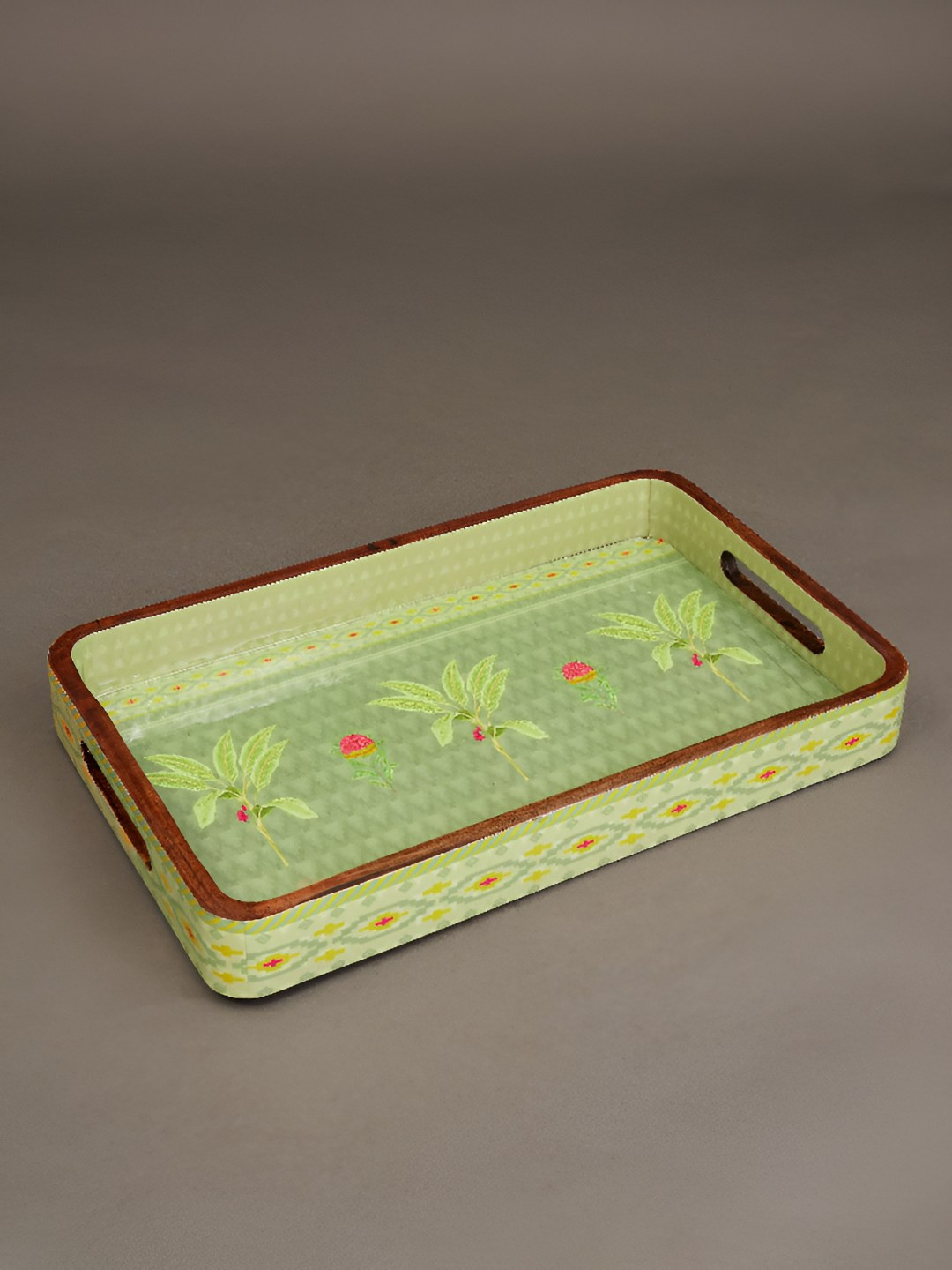 JAYPORE Green And Yellow Wood Serving Tray