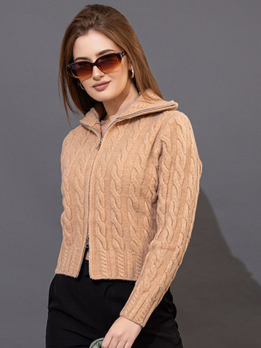 GFO Women Woollen High Neck Cable Knit Zipper Long Sleeves Cardigan