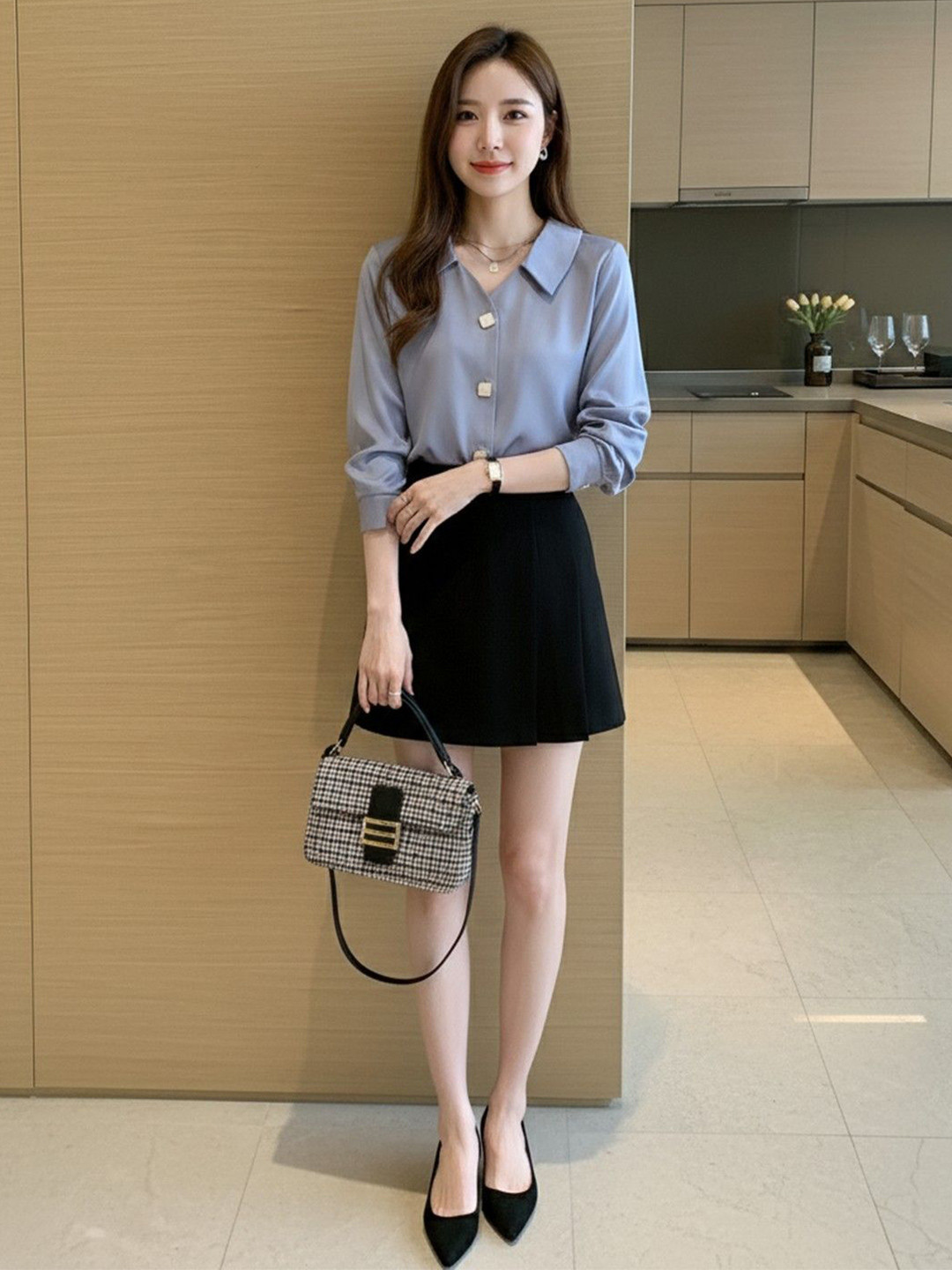 HERE&NOW Satin-Finish Loose Korean-Style Casual Shirt