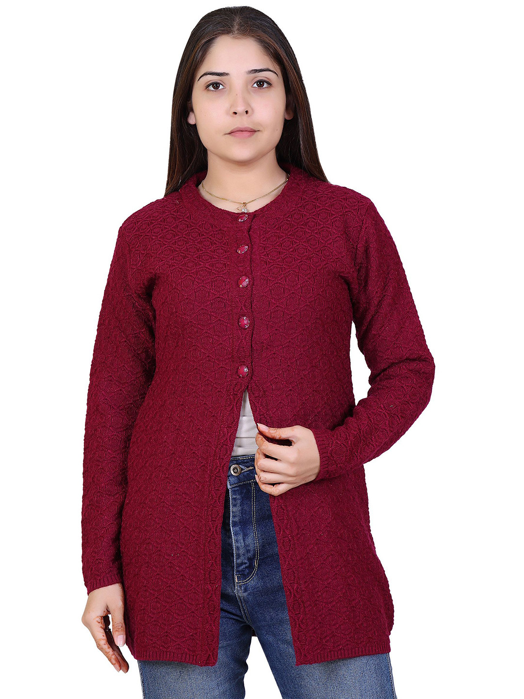 Ogarti Women Geometric Self Design Round Neck Woollen Longline Cardigan