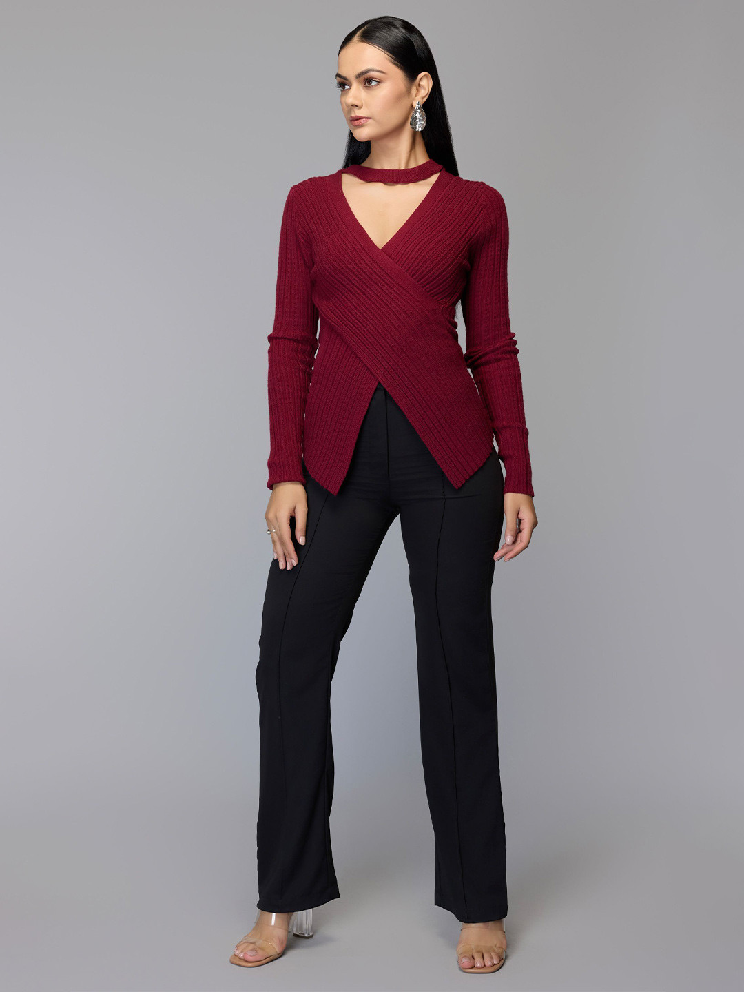 Tamiska By Narendra Kumar Women Ribbed Wrap Knit Pullover Sweater