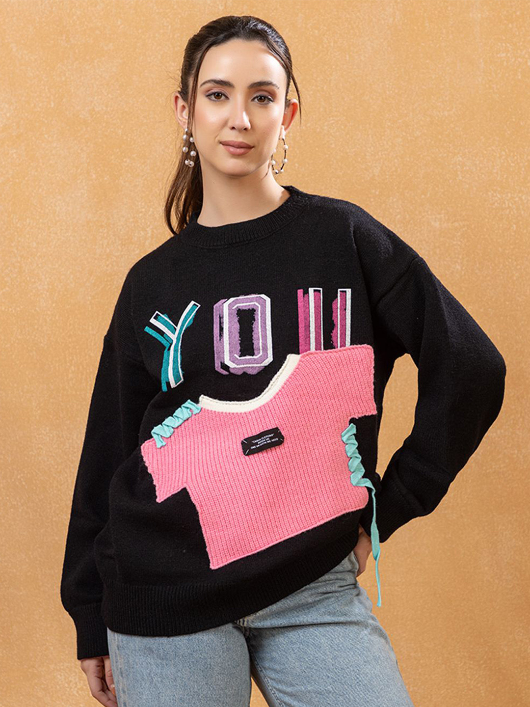 GFO Trendy Graphic Sweatshirt with 3D T-shirt Design Women Typography Print Wool Sweaters