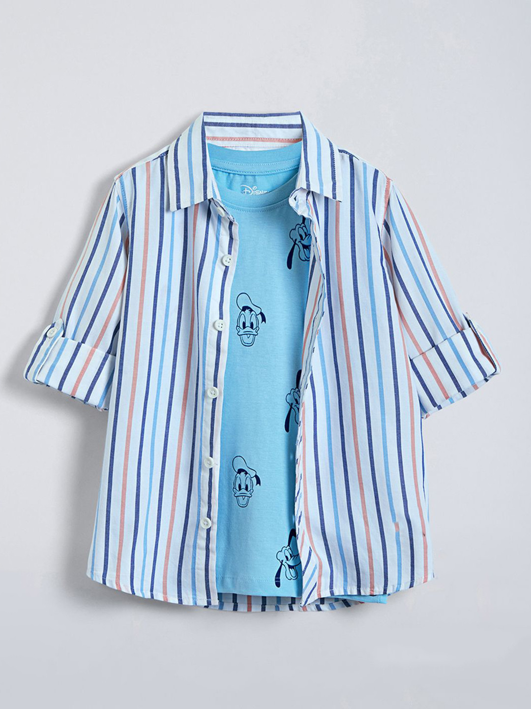 Hopscotch Boys Striped Mickey Mouse Cotton Shirt with T-shirt