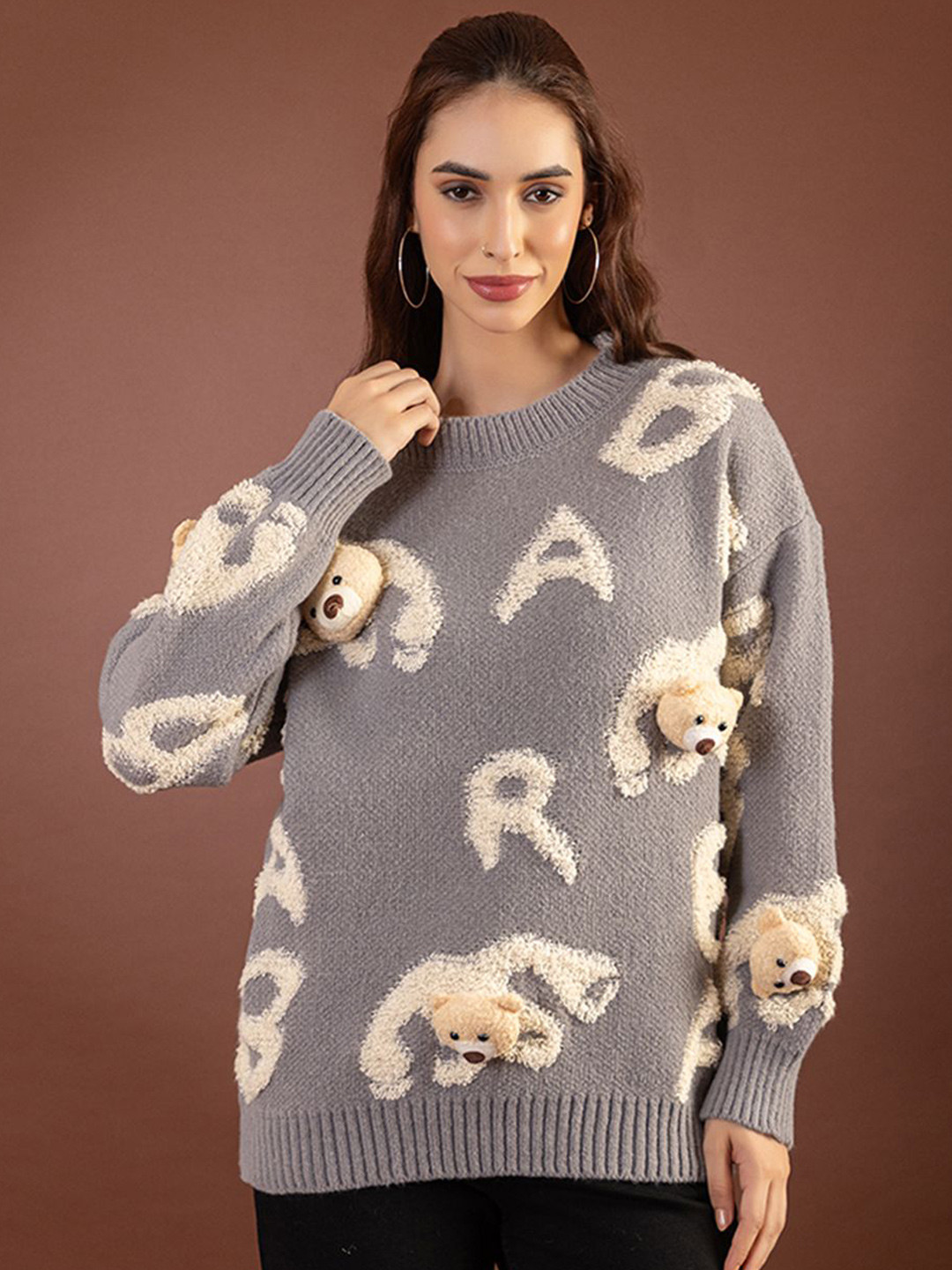 GFO Women Teddy Bear Embellished Woollen Pullover Sweater
