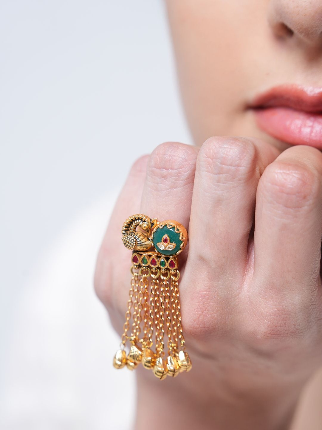 CAO Jewellery Stone-Studded Peacock Design Premium Long Designer Adjustable Finger Ring