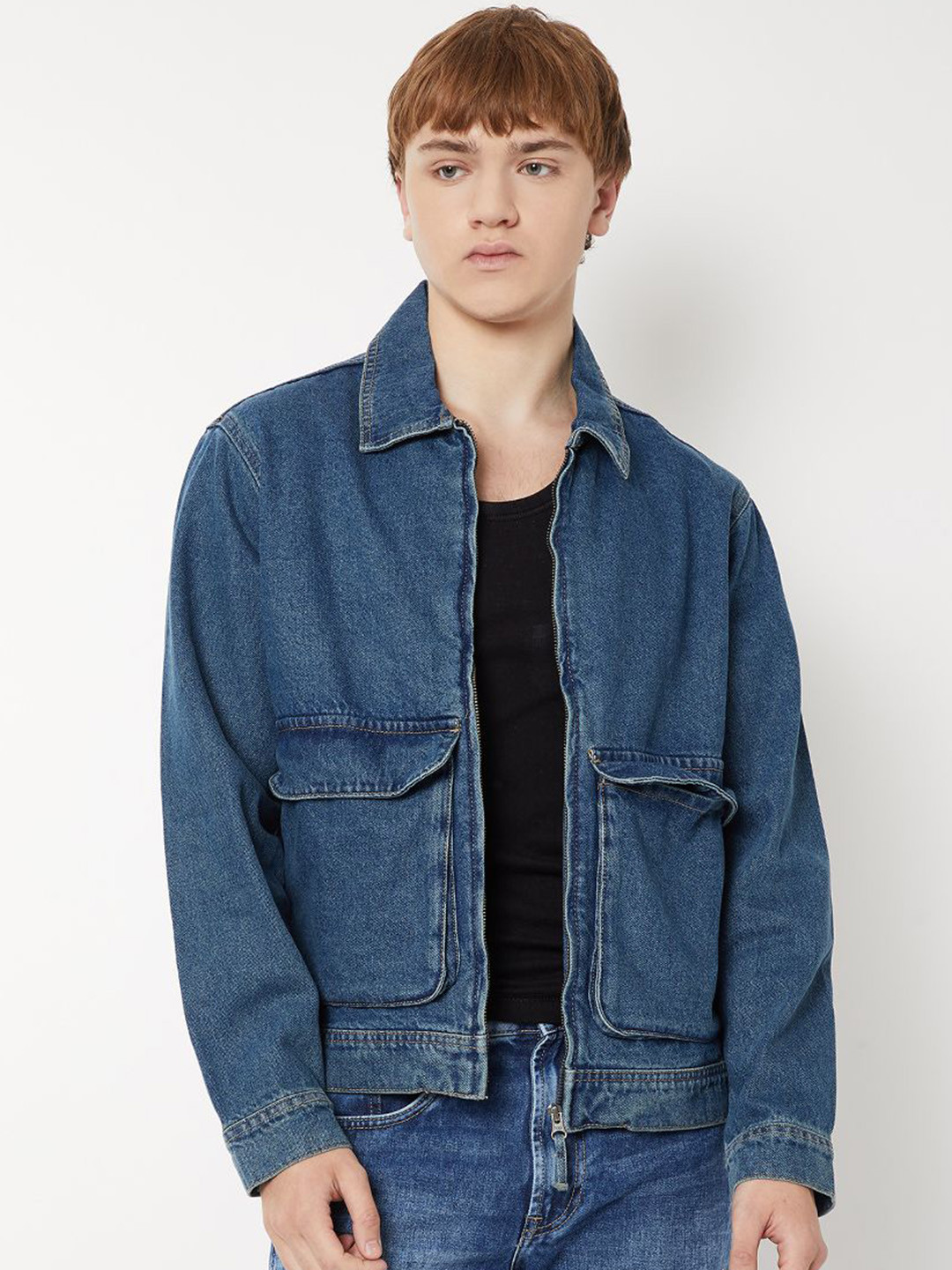 max Men Spread Collar Washed Solid Denim Jacket