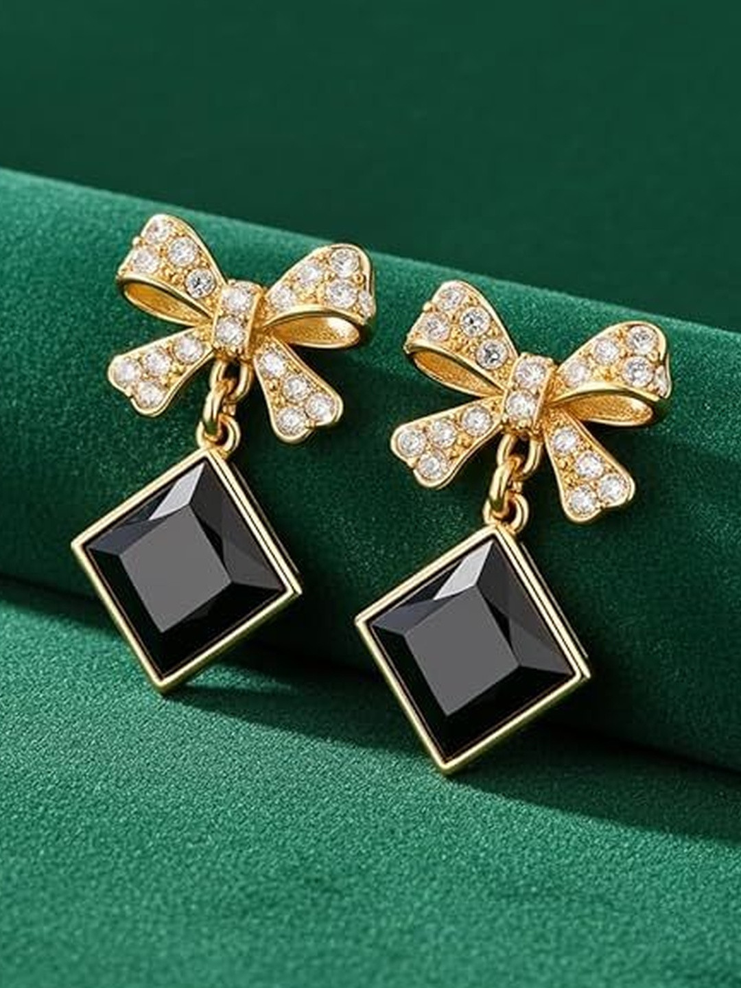 TESSARA Gold-Plated Artificial Stones Studded And Beaded Bow Shaped Drop Earrings