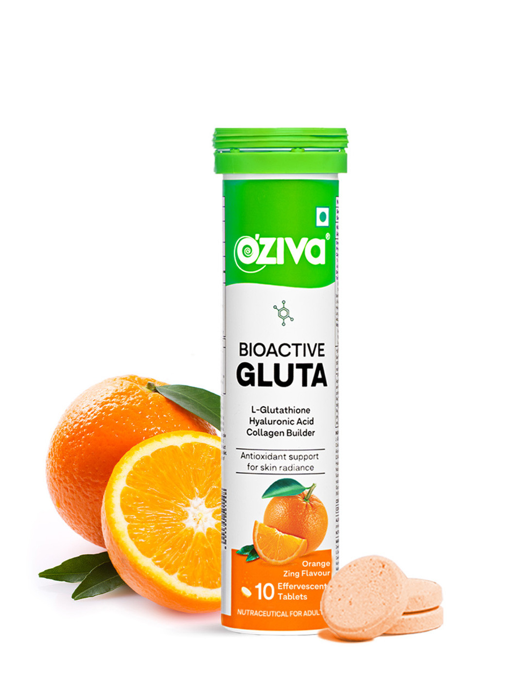 OZiva Bioactive Gluta Effervescent Tablets - 10 Effervescent Tablets - Orange Zing Flavor