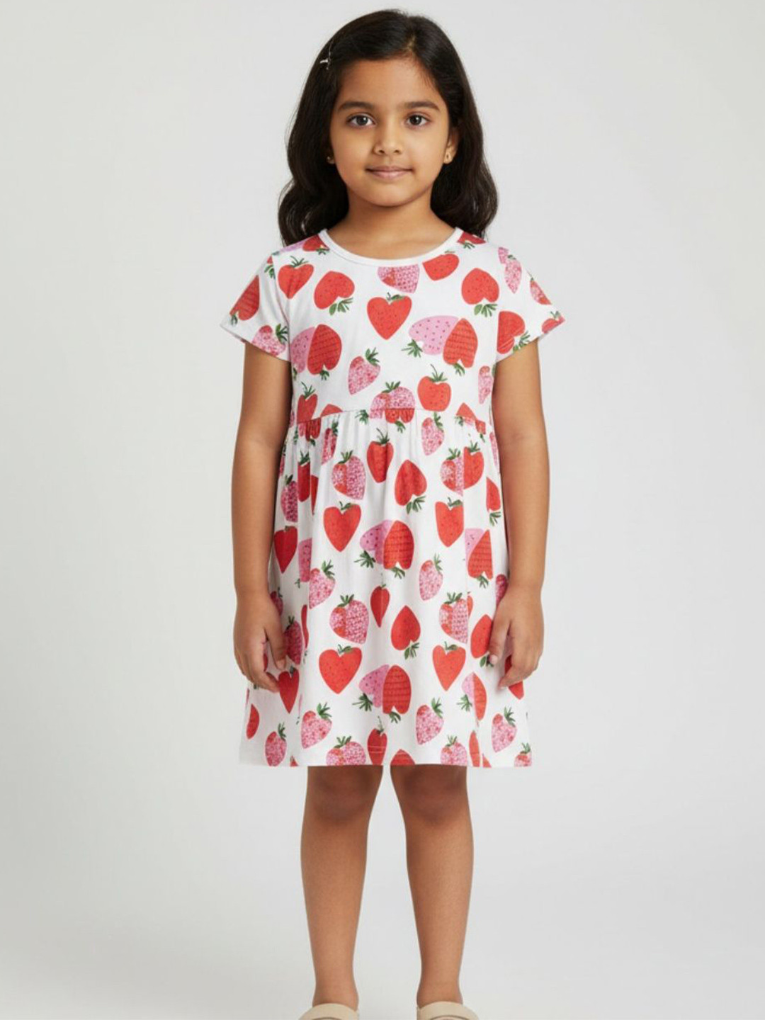 Biglilpeople Girls Strawberry Printed Short Sleeves Cotton Fit and Flare Dress