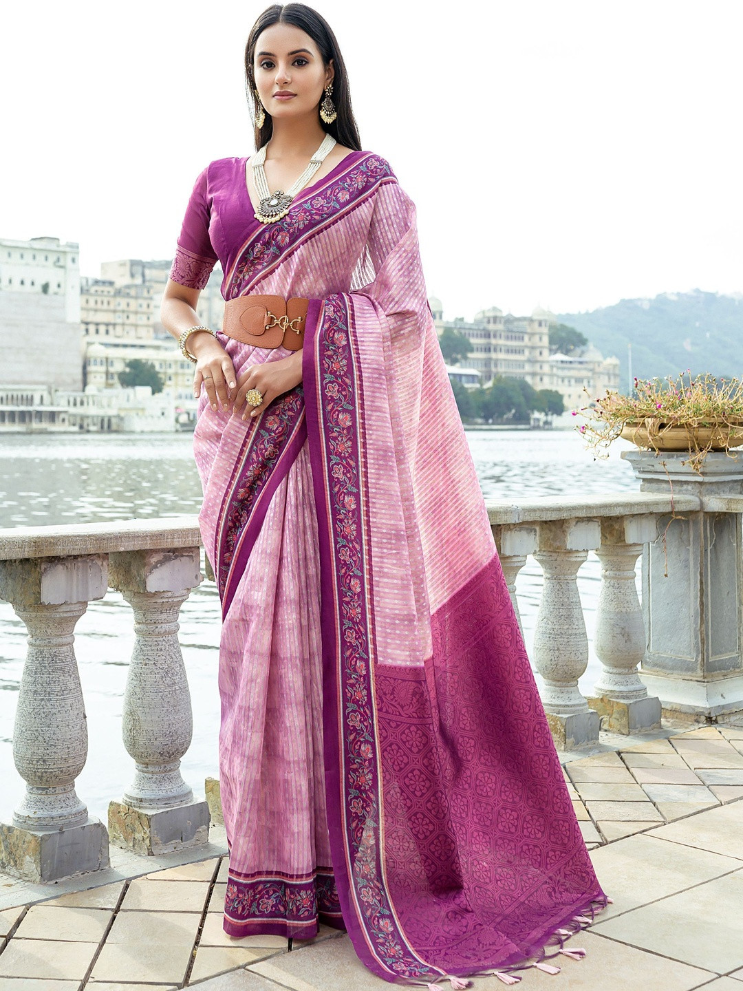 Peach Petals Woven Desig Floral Print Ikat Saree