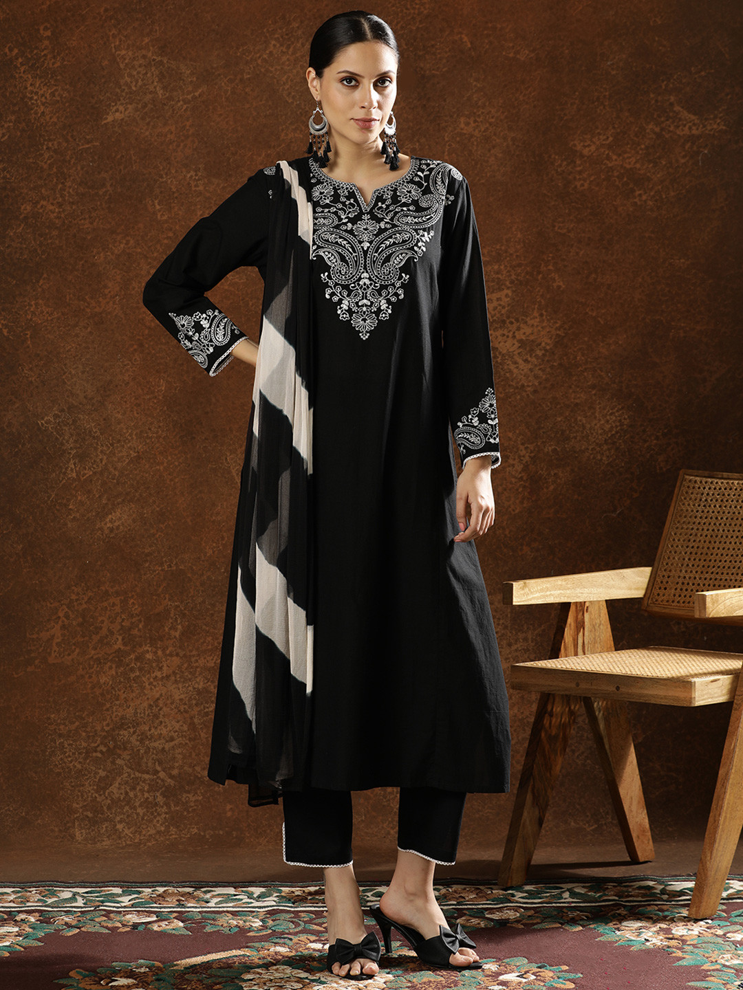Anouk Women Cotton Solid Embroidery with Lace Work Kurta Pant with Dupatta
